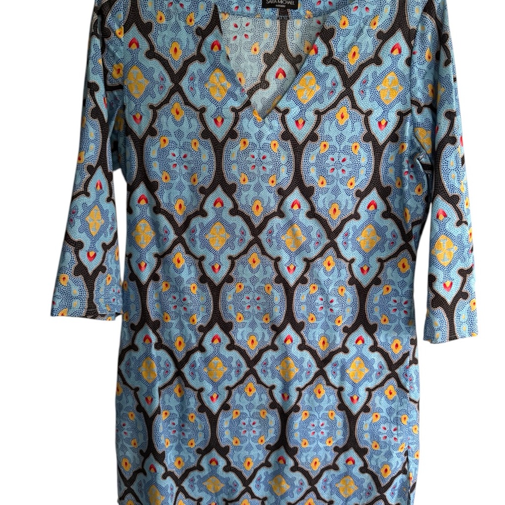Blue and Black V-neck Graphic Tunic Beach Cover Up